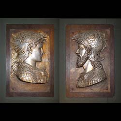 Antique Patinated Knight's Heads on Oak Boards in Greco Roman manner
