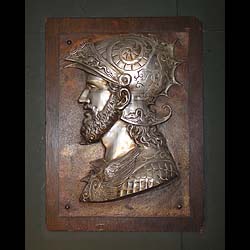 Antique Patinated Knight's Heads on Oak Boards in Greco Roman manner
