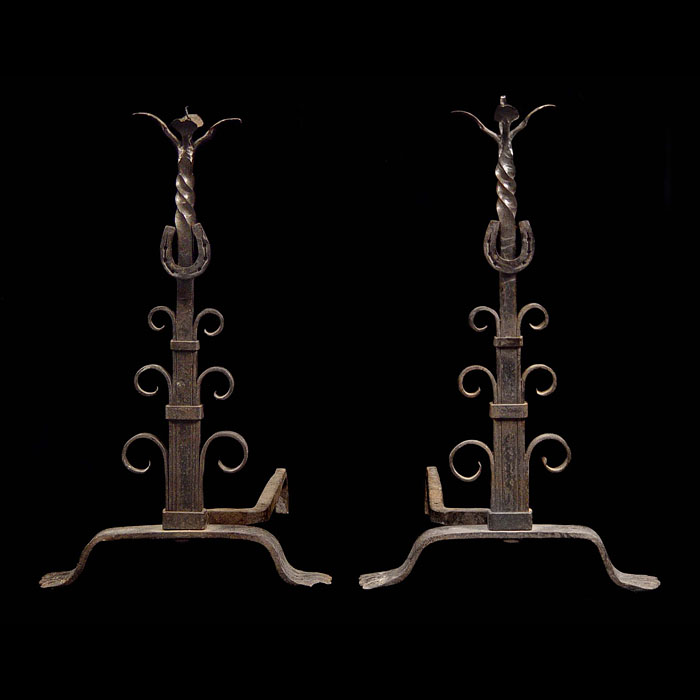 Arts & Crafts Pair of Wrought Iron Andirons